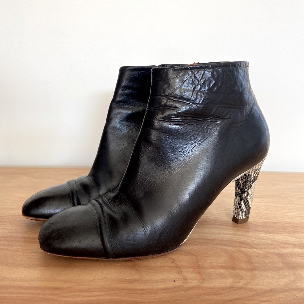 DRIES VAN NOTEN, Size 39, Black Leather Ankle Boot with Snakeskin Heel